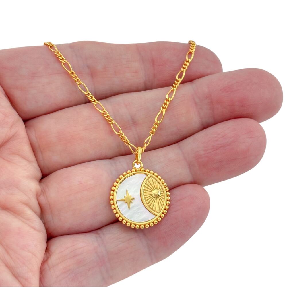 18K Yellow Gold Over Sterling Silver 925 Celestial MOP Gabi Coin Necklace 16-18"